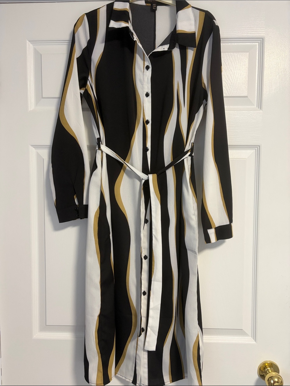 QED London Black, White & Gold Striped Button-Front Shirt Dress